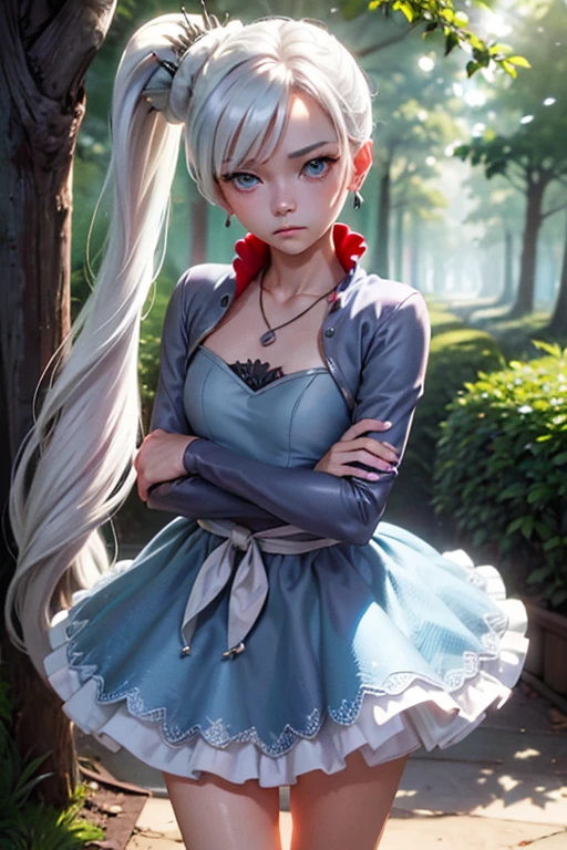 (masterpiece, best quality:1.2), cowboy shot, solo, 1girl, expressionless, closed mouth, looking at viewer, crossed arms, white hair, side ponytail, blue dress, white boots, scar on left eye,
 jewelry, necklace, earrings, forest, summer afternoon