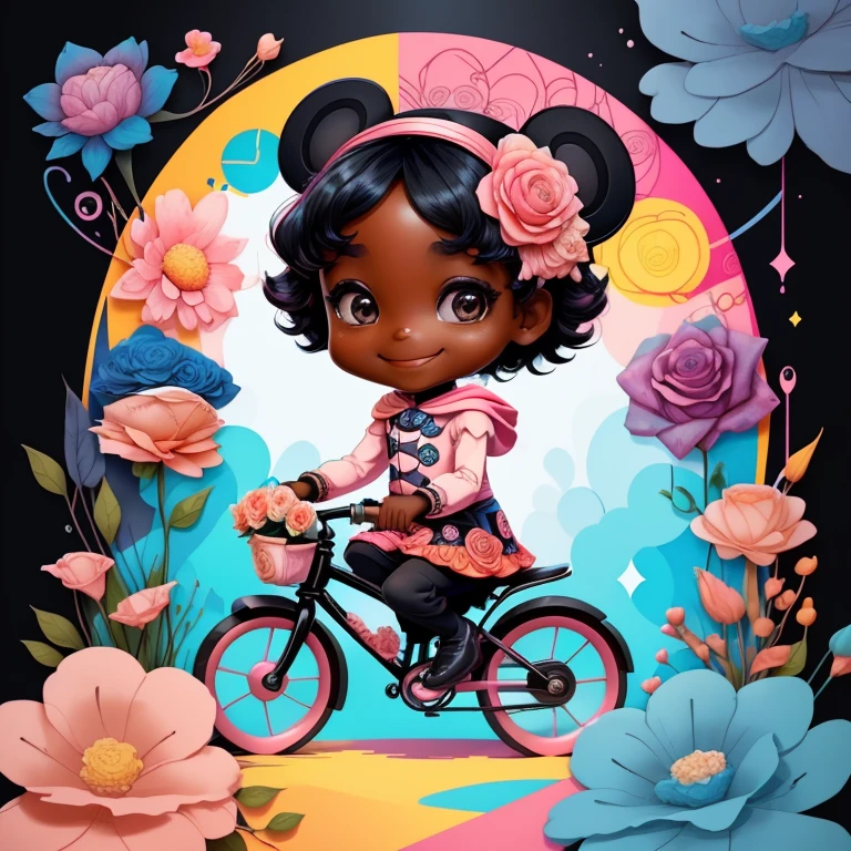 ) ((((cute black baby girl with pink bike and flowers smiling) ((Mikey)) - Criador: Walt Disney2023) ), ,, ( Walt Disney acolchoamento ,multidimensional geometric wall PORTRAIT, arte, Chibi,
Yang08k, lindo, Colouring,Rose
Primary works, qualidade superior, melhor qualidade, Arte Oficial, Beautiful and Aesthetic,)) ), ,,  Walt Disney acolchoamento ,multidimensional geometric wall PORTRAIT, arte, Chibi,
Yang08k, lindo, (Colouring, rosa), amarelo ,azul ,vermelho e branco)
Primary works, qualidade superior, melhor qualidade, Arte Oficial, Beautiful and Aesthetic,