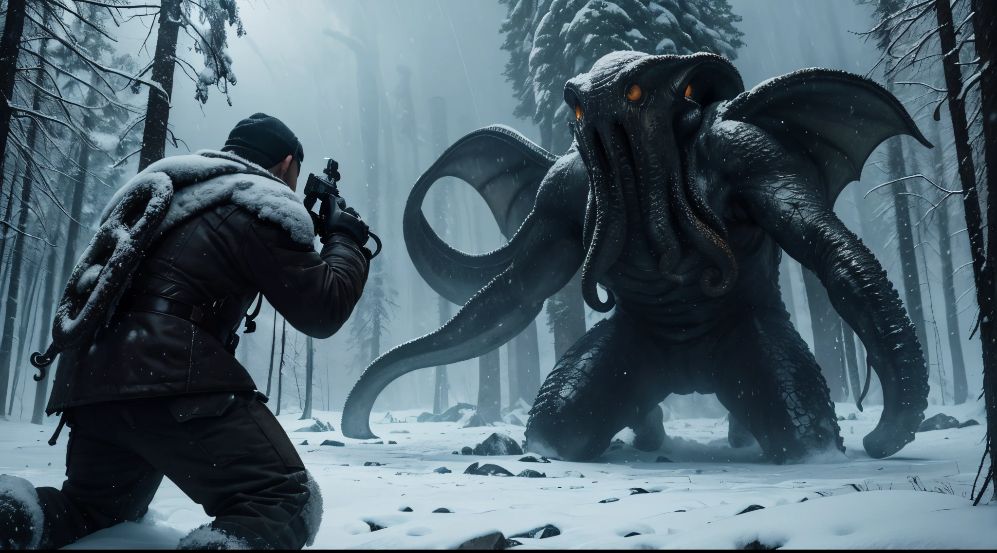 Photorealistic Production, (Action Movie Scene Shot, From Behind Shot), (Two Survivors Fighting Cthulhu in a Snowy Forest), (Centered Position), Tundra Village View on the Other Side with Snows, Intricate Details, Natural Lighting, Cold and Ominous Atmosphere, Cinematic Shot and Lighting, Sharp Focus, Taken with DSLR camera, Depth of Field, Incredibly Realistic Environment and Scene, Master Composition and Cinematography