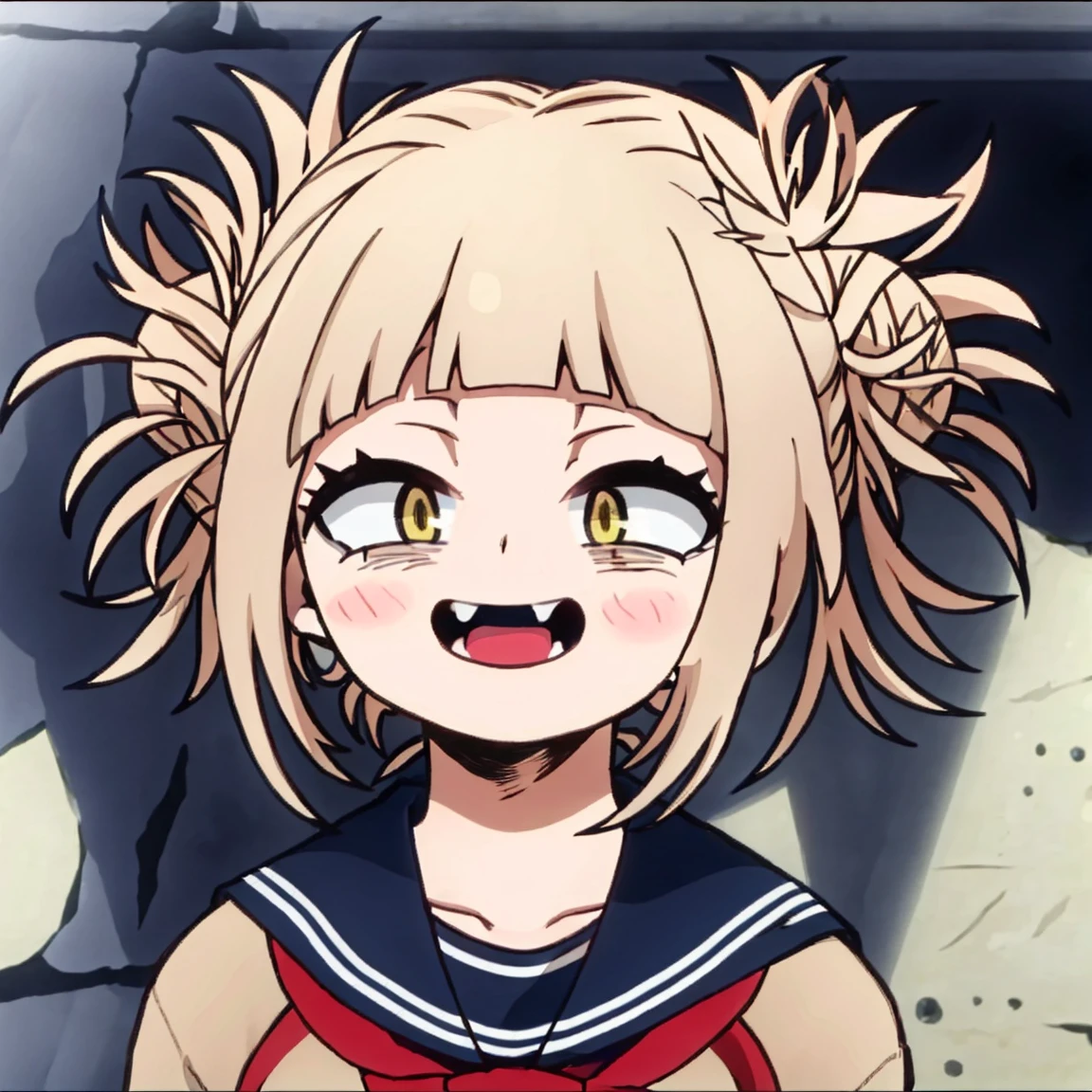 obra prima、qualidade superior、soio、Um rosto detalhado、Toga Himiko、olhos amarelos、alto detalhe、random environment、random poses、estilo anime、um sorriso