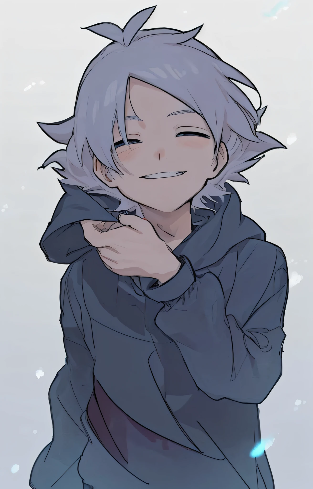 a cartoon boy in a hood is standing in the snow, 2 d estilo anime, [[[[sorrindo malvado]]]], com capuz,  anime, jovem homem de anime, sorrindo lascivamente, como um personagem de anime, personagem estilo anime, com o dedo indicador, anime moe artstyle, em estilo anime