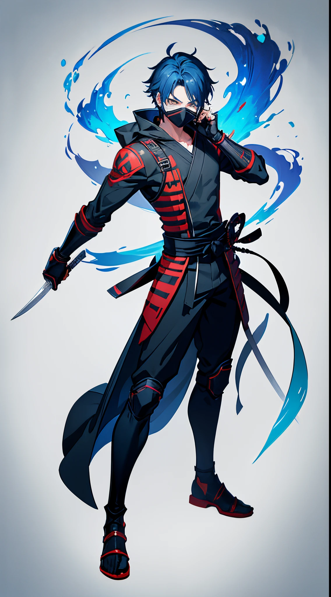 , Ninja Boy, katanas, Design Mask, exposure mask, Handsome, Blue hair, The power to wield many swords, in woods, Slash with a sword, Anime characters, evil soul, Hero Academia, Full body