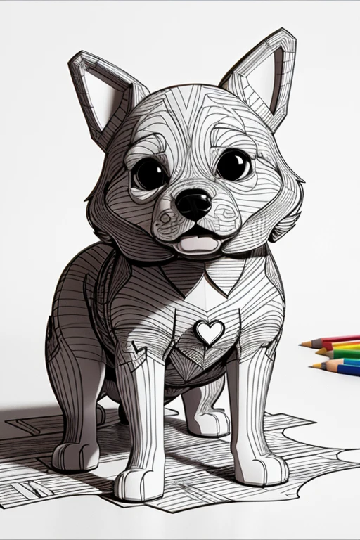 stress free coloring book, page of a dog 3d style, thick lines, no color, completely whity