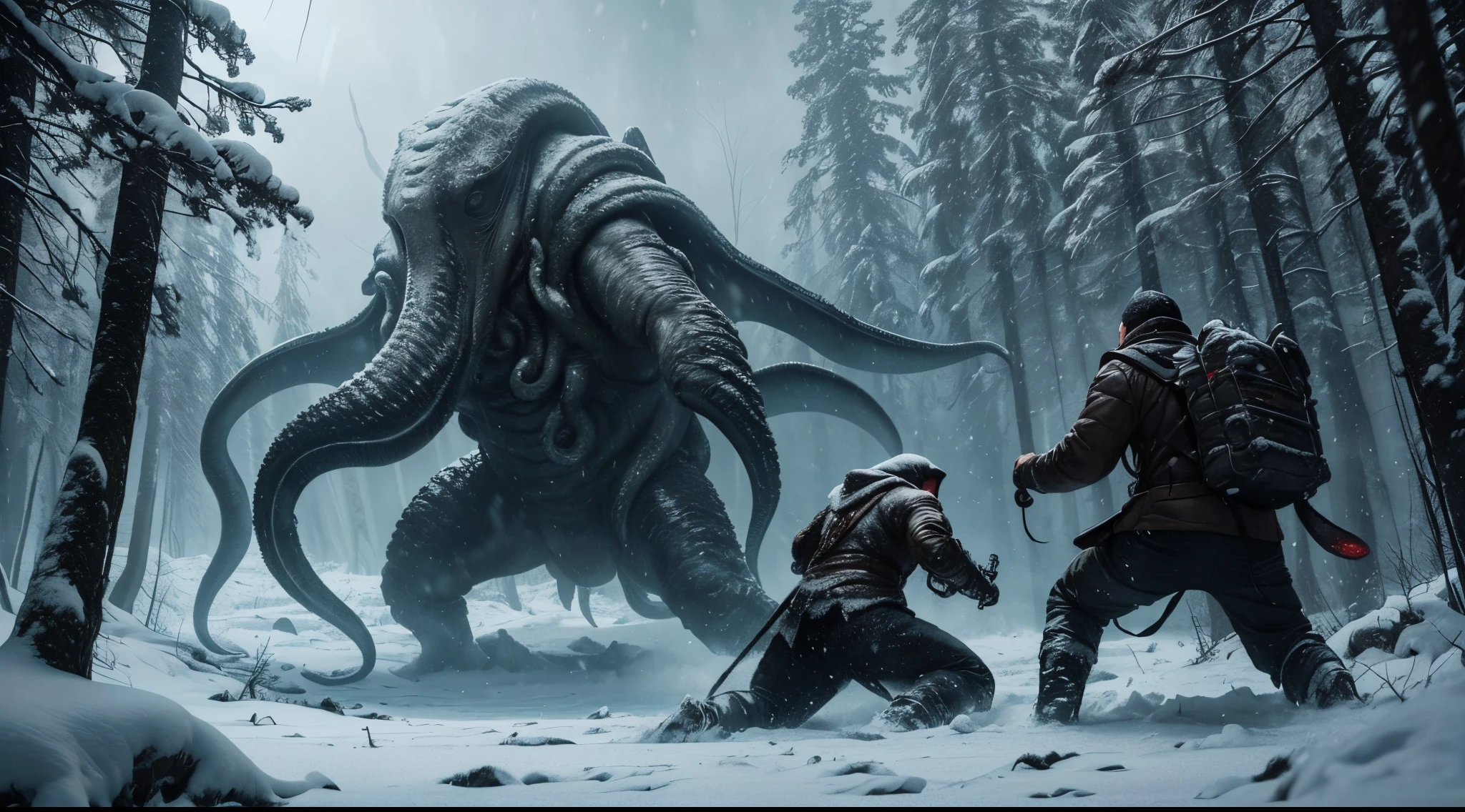 Photorealistic Production, (Action Movie Scene Shot, From Behind Shot), (Two Survivors Fighting Cthulhu in a Snowy Forest), (Centered Position), Tundra Village View on the Other Side with Snows, Intricate Details, Natural Lighting, Cold and Ominous Atmosphere, Cinematic Shot and Lighting, Sharp Focus, Taken with DSLR camera, Depth of Field, Incredibly Realistic Environment and Scene, Master Composition and Cinematography