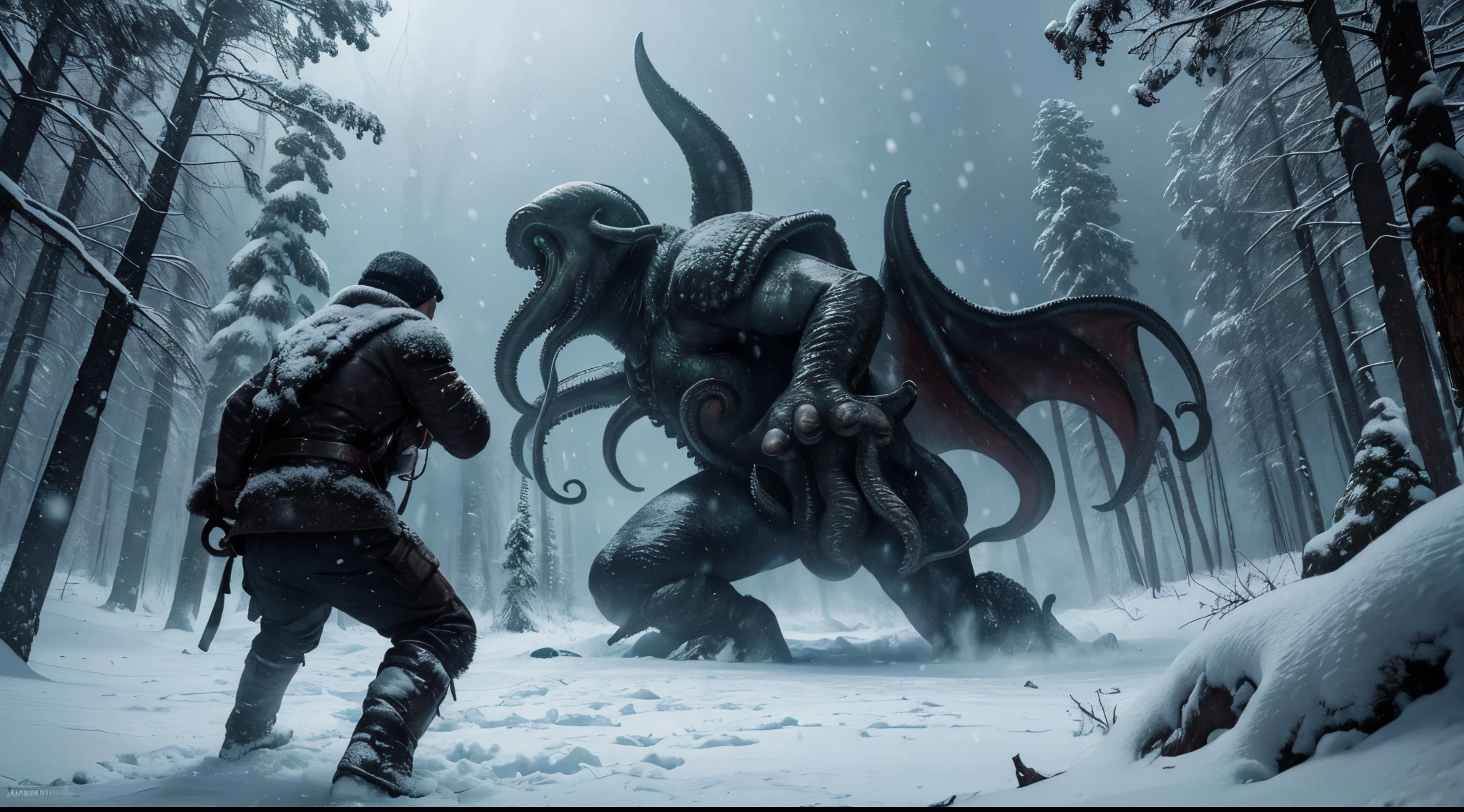 Photorealistic Production, (Action Movie Scene Shot, From Behind Shot), (Two Survivors Fighting Cthulhu in a Snowy Forest), (Centered Position), Tundra Village View on the Other Side with Snows, Intricate Details, Natural Lighting, Cold and Ominous Atmosphere, Cinematic Shot and Lighting, Sharp Focus, Taken with DSLR camera, Depth of Field, Incredibly Realistic Environment and Scene, Master Composition and Cinematography