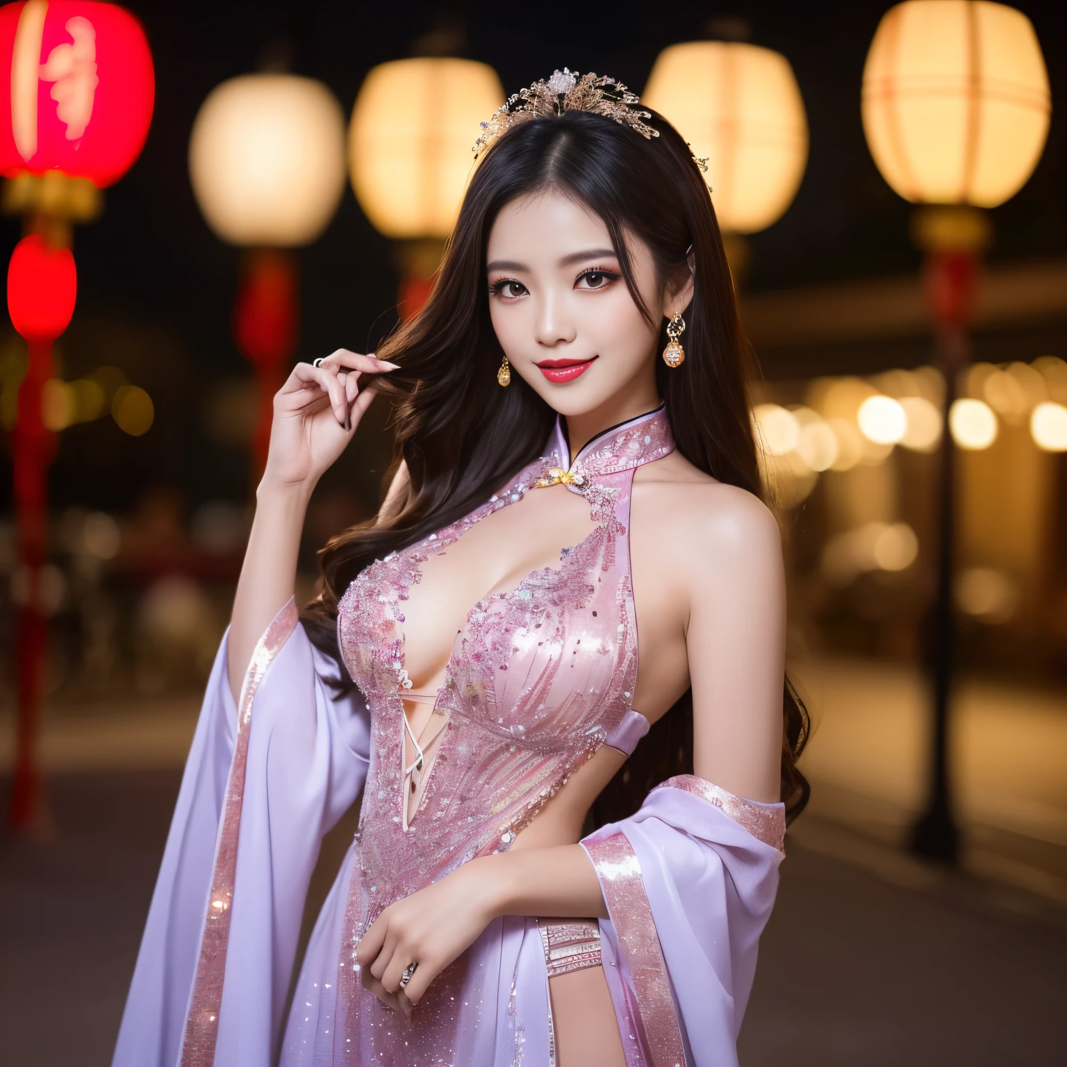 ((top-quality、masutepiece、8K、Top image quality、Highly complex and detailed depictions))、(Photo of the upper body of a Chinese prostitute:1.3)、Chang'an garrison at night、The most luxurious ancient Chinese architecture、The most luxurious ancient Chinese costumes、((The most gorgeous Chinese prostitute huge costume、the most vivid and luxurious costumes、big long costume、The most luxurious and huge garrison、An unimaginably luxurious garrison、A very luxurious and huge garrison、Huge red light district at midnight、Very complex decoration、A very clear Chang'an garrison))、(View me、Bewitching smile、Perfect makeup、long eyelashes、pink lipsticks、Pink eyeshadows、perfect anatomia、A slight smil)、(Clear and glittering background of the garrison:1.3)