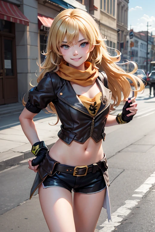 (masterpiece,
 best quality), yang_xiao_long, caucasian,
fingerless gloves, midriff, shorts, jacket, scarf, belt
cute round face, smile, busy street, summer afternoon