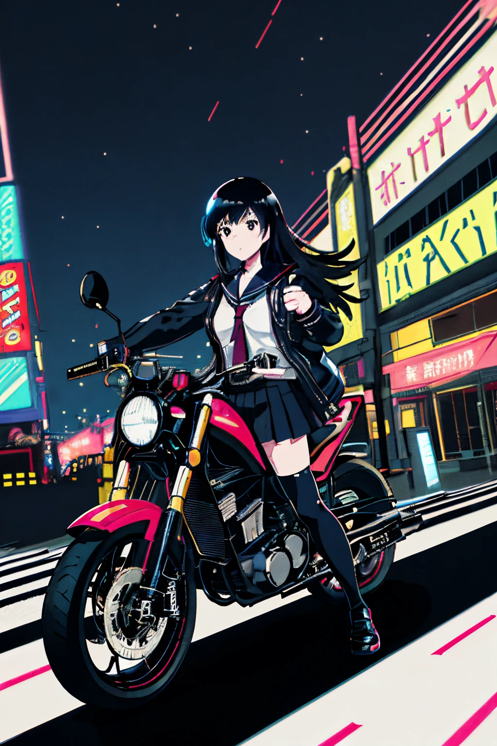 masterpiece, best quality, 1girl, solo, jacket, hand in pocket, school uniform, serafuku, thighhighs, school bag, black hair, black eyes, cyberpunk, street, machinery, motor vehicle, motorcycle, panorama, helmet, speed line, motion blur, depth of field, perspective, panorama, riding, floating hair, night, neon trim
