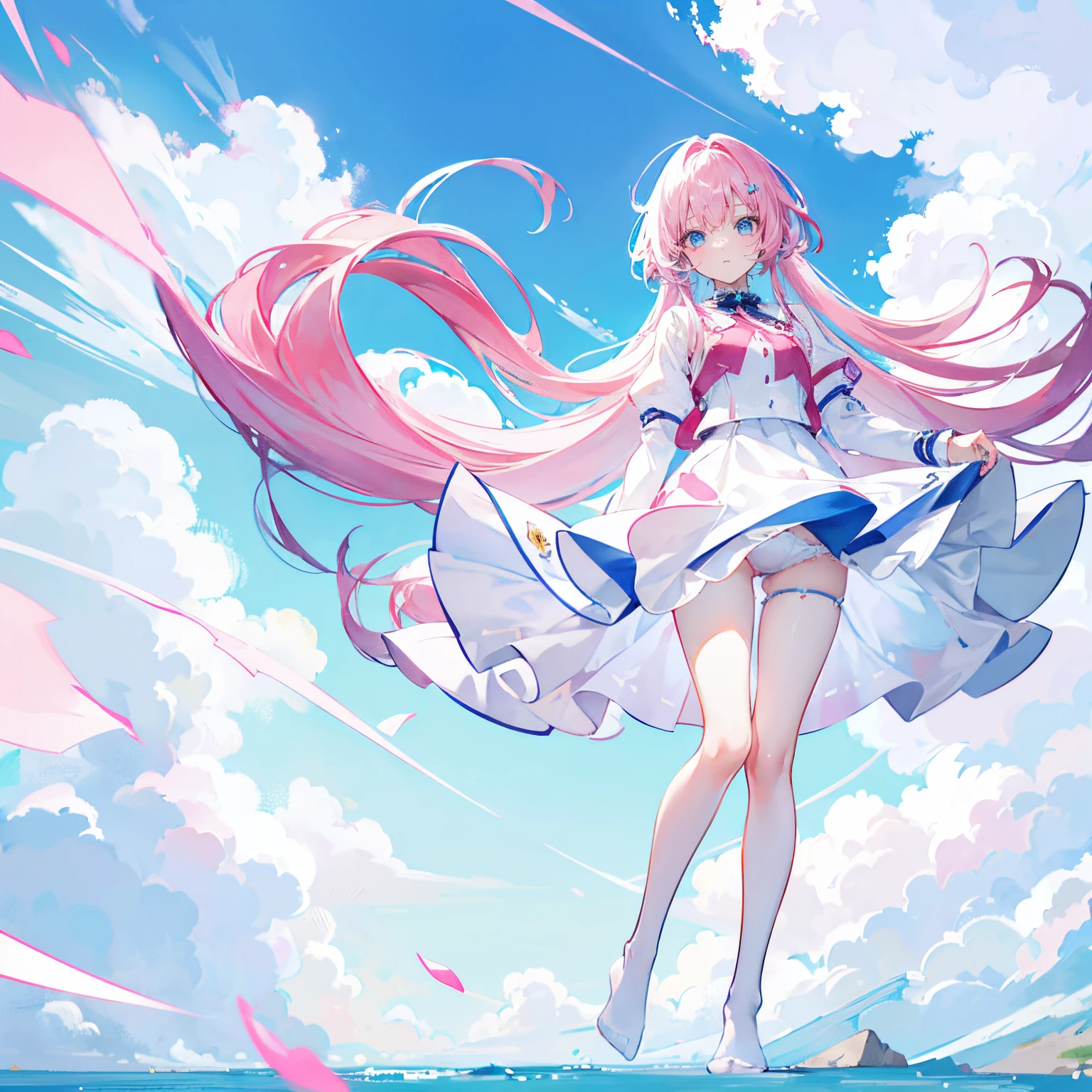 Pink hair,long white hair,Neat bangs,Qi bangs,skyblue eyes,,adorable,teen girl,skirt lift, showing panties, No shoes on your feet,full-body photo on the front,All body,Background suspended in the sky,on the sky ,with blue sky and white clouds