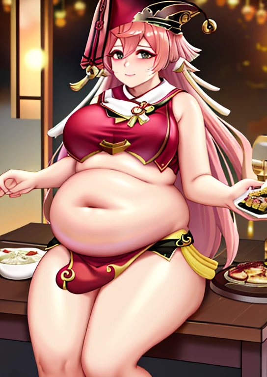 fat, large belly, big belly, very fat, large stomach, chubby (best quality, masterpiece), fat belly, at, large belly, sitting, grabbing belly, very fat, yanfei genshin Impact, yanfei standing, table full of food, fat belly, wearing a sweater