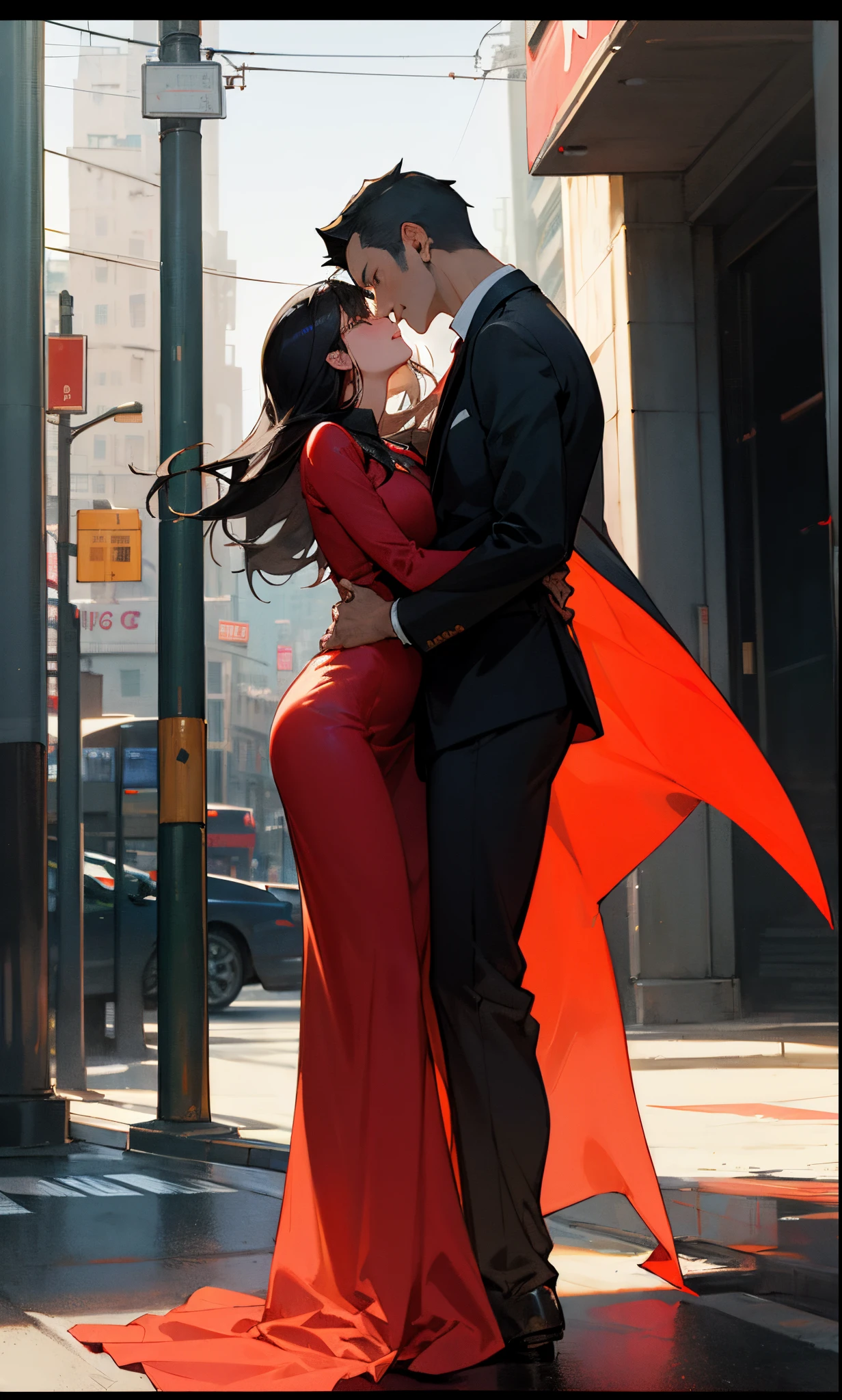 Neo and a blondhair woman in a long red dress in each other's arms, not paying attention to passers-by in black business suits, city street, rush hour, matrix movie style, realistic