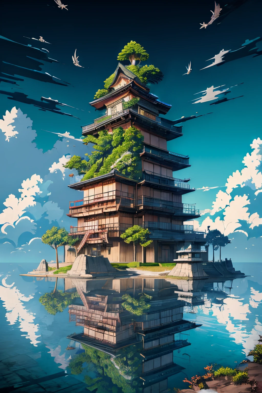 (masutepiece, Best Quality:1.5), video game cover, absurderes, Intricate details, 8K, Fantasy, retro artstyle, nffsw, No humans, Outdoors, Water, Cloudy sky, ocean, Scenery, reflection, day, Volumetric lighting, Perfect composition, Highly detailed, highly detailed landscape, (Hyper Detailed)