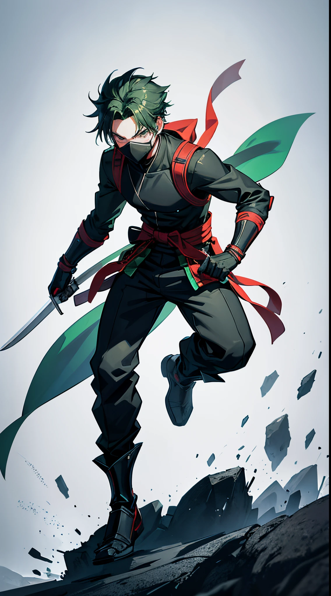 teen boy, Ninja Boy, katanas, Design Mask, exposure mask, Handsome, Green head hair, The power to wield many swords, in woods, Slash with a sword, Anime characters, evil soul, Hero Academia, Full body
