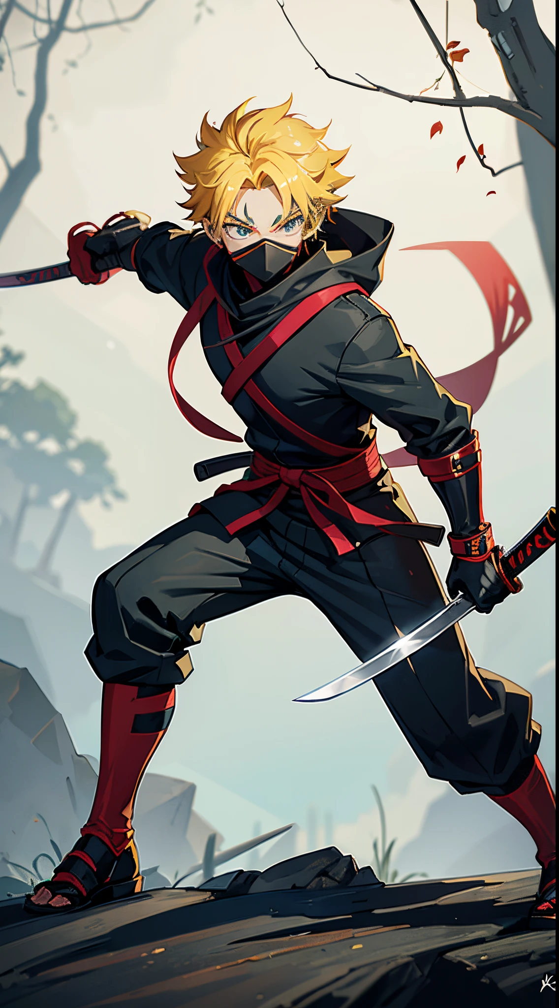 teen boy, Ninja Boy, katanas, Design Mask, exposure mask, Handsome, Yellow hair, The power to wield many swords, in woods, Slash with a sword, Anime characters, evil soul, Hero Academia, Full body