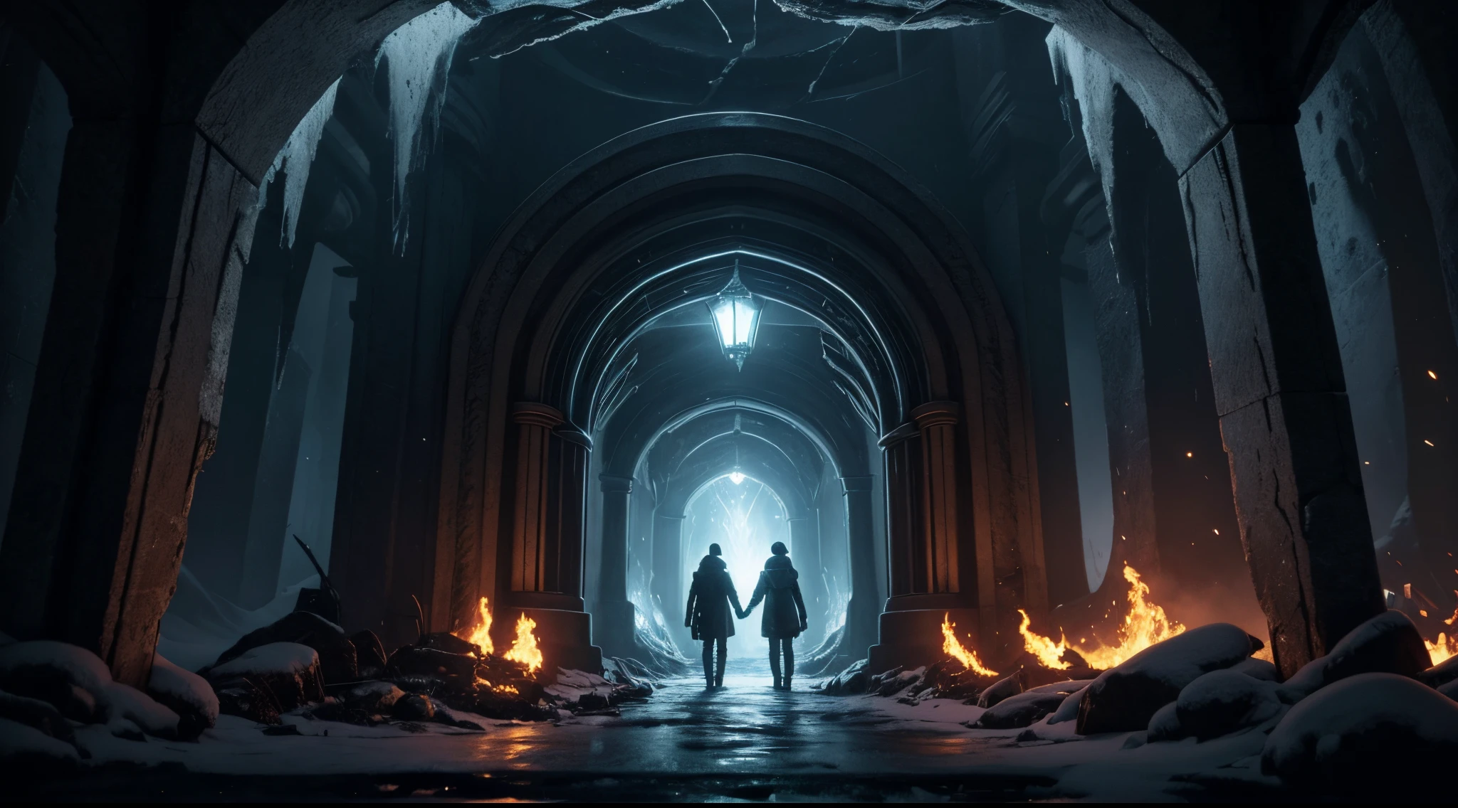 Photorealistic Production, (One Portal), Realistic Images of Two Survivors enter a Fiery Portal to the Underworld, Snowy and Dark Underworld View on the Other Side of the Portal, Close-up, From Behind Shot, Fantasy style Portal Pattern, Centered Position, Intricate Portal Details, Dim Lighting with Fiery Portal Lights, Ominous Atmosphere, Cinematic Shot and Lighting, Sharp Focus, Ultra Detailed, Taken with DSLR camera, Depth of Field, Incredibly Realistic Environment and Scene, Master Composition and Cinematography