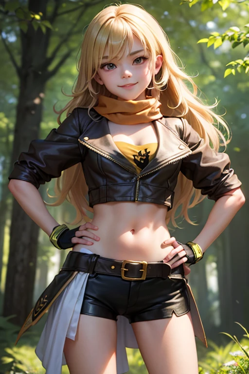 (masterpiece,
best quality), yang_xiao_long, caucasian,
fingerless gloves, midriff, shorts, jacket, scarf, belt
cute round face, smile, hands on hips, forest, summer afternoon
