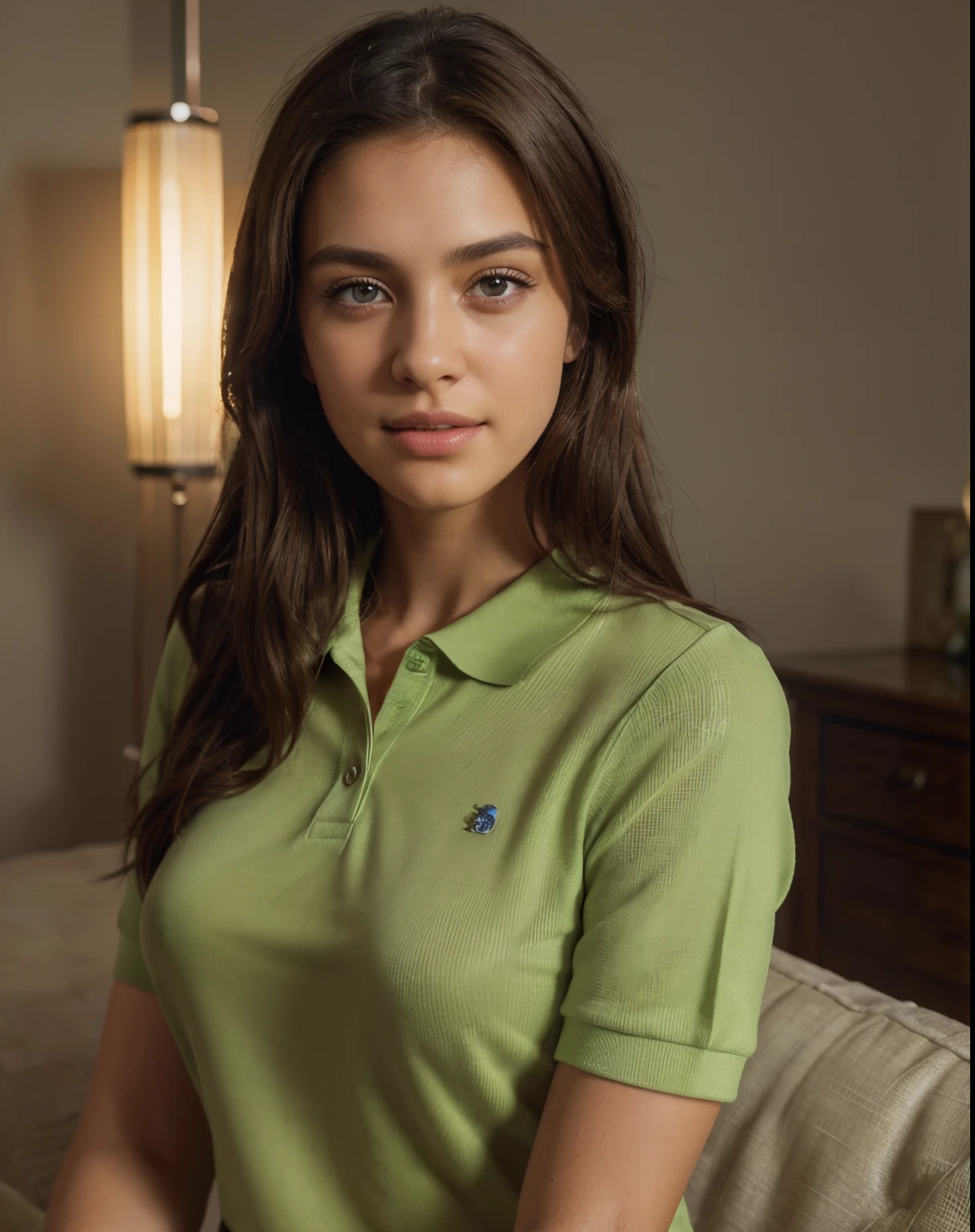 the face and shoulders of a beautiful european girl with brown eyes and brunette hair, wearing a light green polo shirt, smilling, ultra high resolution, (photorealistic: 1.4), high resolution ,(brown eyes), (finely detailed skin), (perfectly proportions) (photos realistic) (masterpiece) (photorealistic), ultrarealistic (Best Quality) (Detailed) photographed in a Canon EOS R5, 50mm Lens, F/2.8, (8K) (Wallpaper) (Cinematic lighting) (Dramatic Lighting) (Convoluted) Fashion