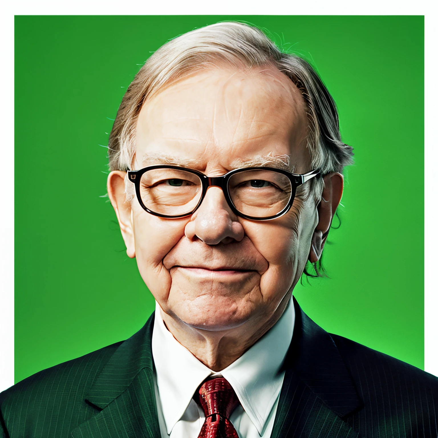 "Generate a professional portrait of Warren Buffett wearing a suit with a red tie. Use a green background for easy cut-out. Ensure that his face is facing directly forward, and his body is oriented to the right. Pay attention to the style of a promotional headshot, and maintain a square image ratio."