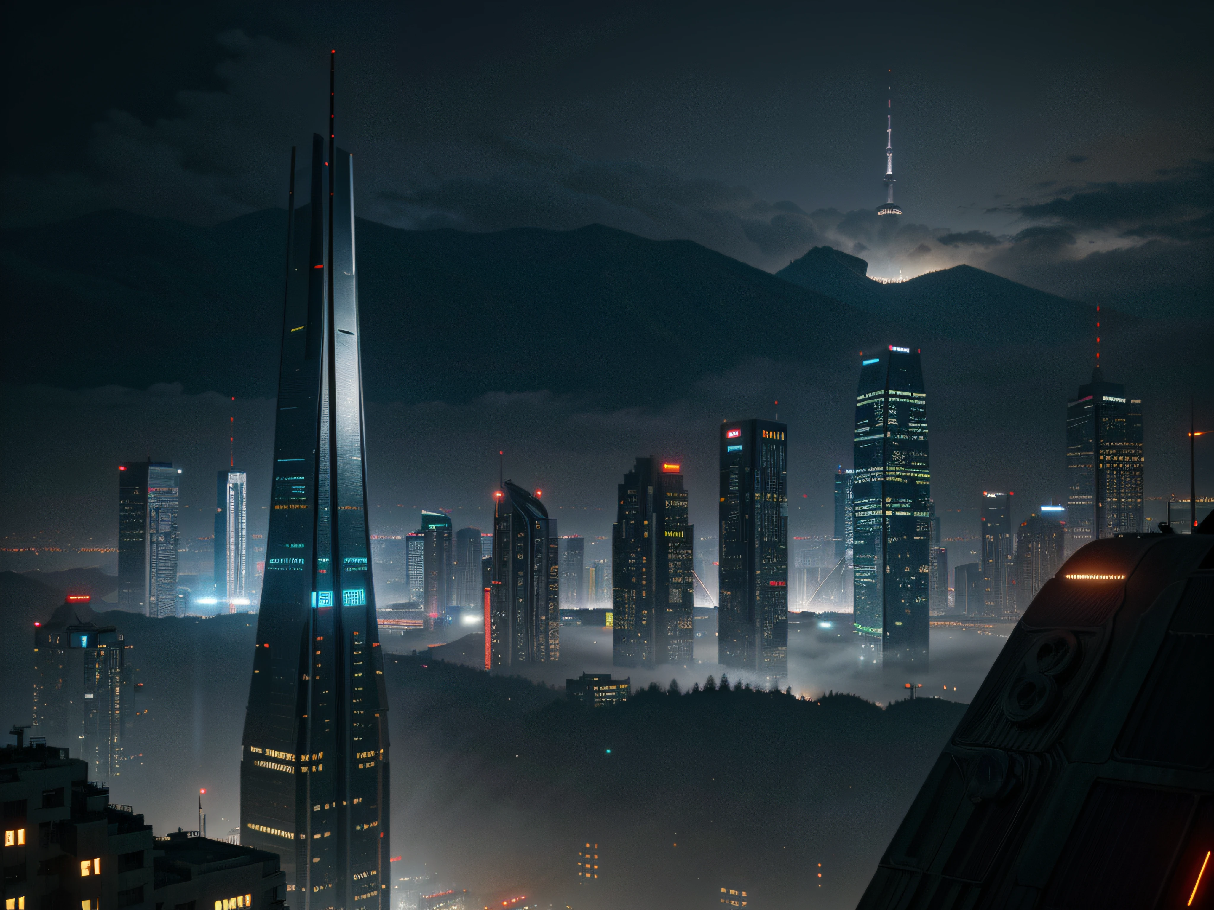 blade runner, futuristic, cyberpunk, city, mountains, scenic, impressive, advanced, buildings, technology, high quality photography,