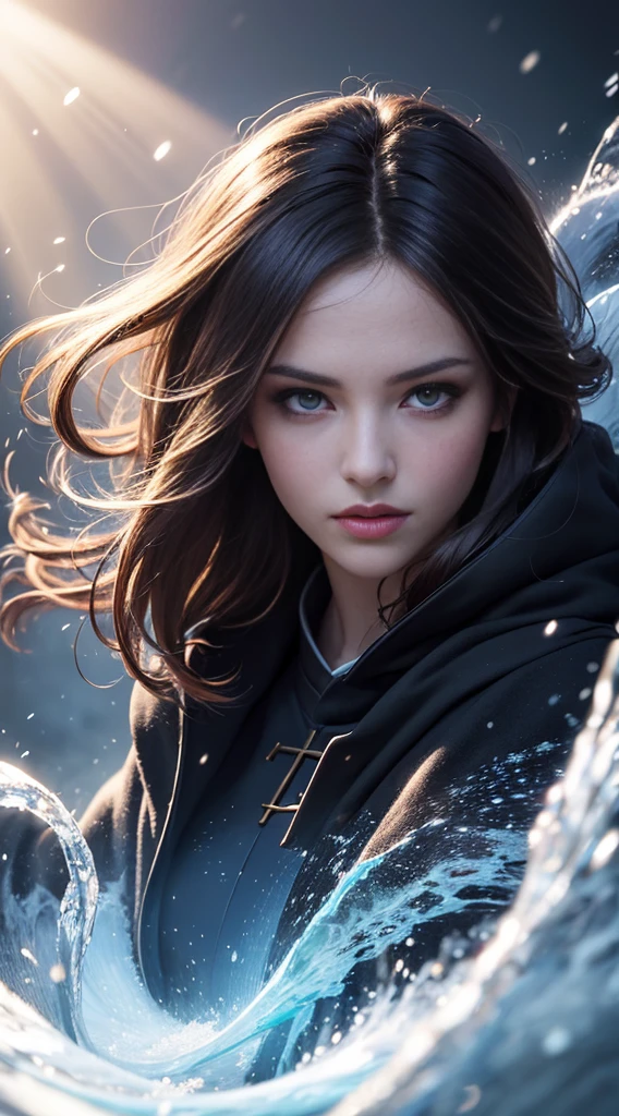photorealistic, full body view, (Masterpiece:1.5), concept-art, intricately details, highly detailed, rendering by octane, 8K, unreal-engine, dynamic poses, Best quality at best, A high resolution, (photorealistic face:1.1), (Hyper-realistic:1.1), ((full_Body)), Beautiful face, long flowing hair, (((perfect hand))), (very highly detailed background), ((Dynamic background) ), ((whirlwinds)), (light rays), ((1girll)), is wearing cassock, (((Flowing cloak))), ((High quality face)), (Extremely complex robes, Magic robes), Cast lightning, electricity, Spin ice and snow, Radiant force, Water magic, ((Dramatic)), Epic, battlefield, depth of fields, Background bokeh, 4K, gothic, ashes, Particle, Wide range view,