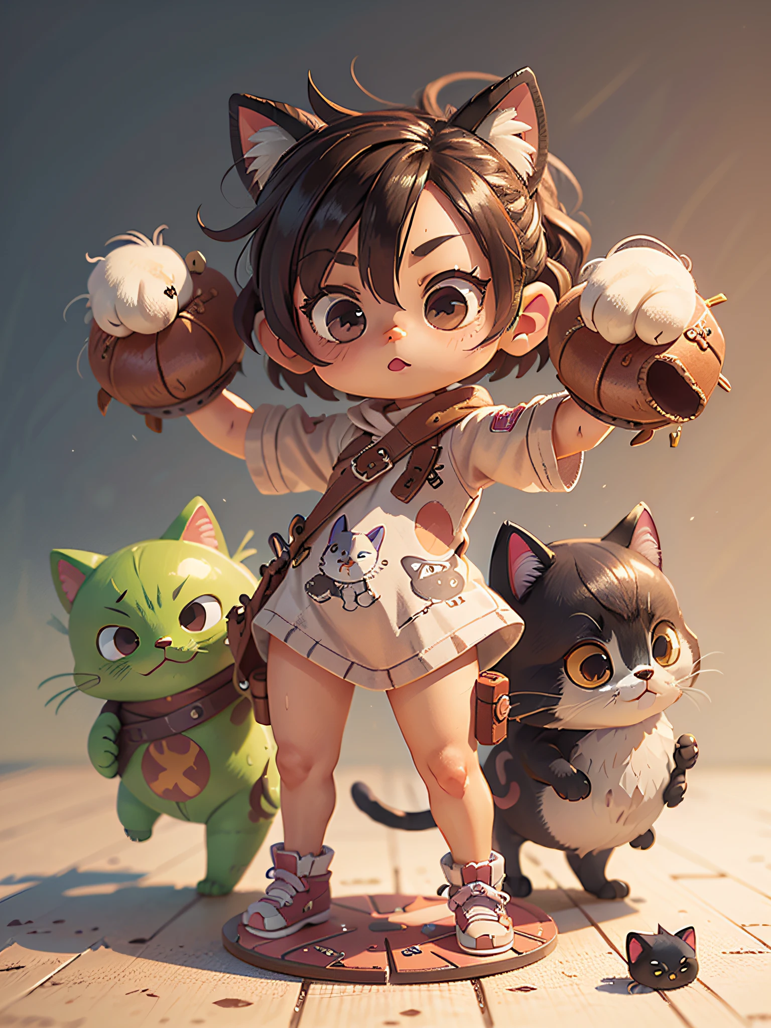 chibi, cat, cute, rogue, bigbadejo, full body, masterpiece, 3D Rendering, Best Quality, Lots of Detail, (plain background), vinyl toy figurine, varied pose