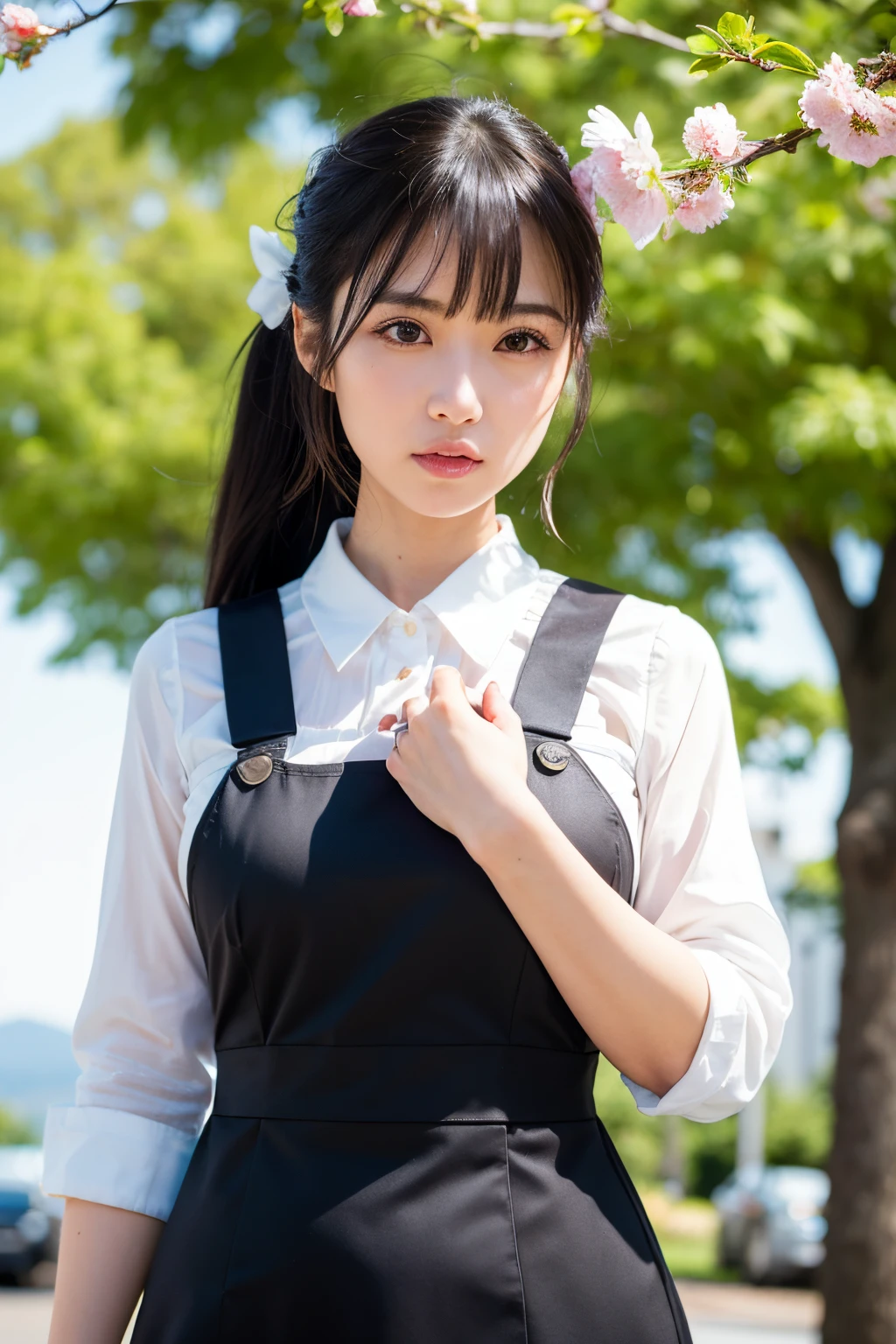 ((masutepiece, Best Quality)), (1girl in), (Solo), (female focus), 女優(Koshiba wind flower) ,(Very detailed face, Real Image, Realistic white skin, Realistic body, Intricate details), Upper body, Focus on Face, Black hair tied, Long hair, Intimidating look, Black pinafore dress, Shirt, Neck ribbon, huge tit