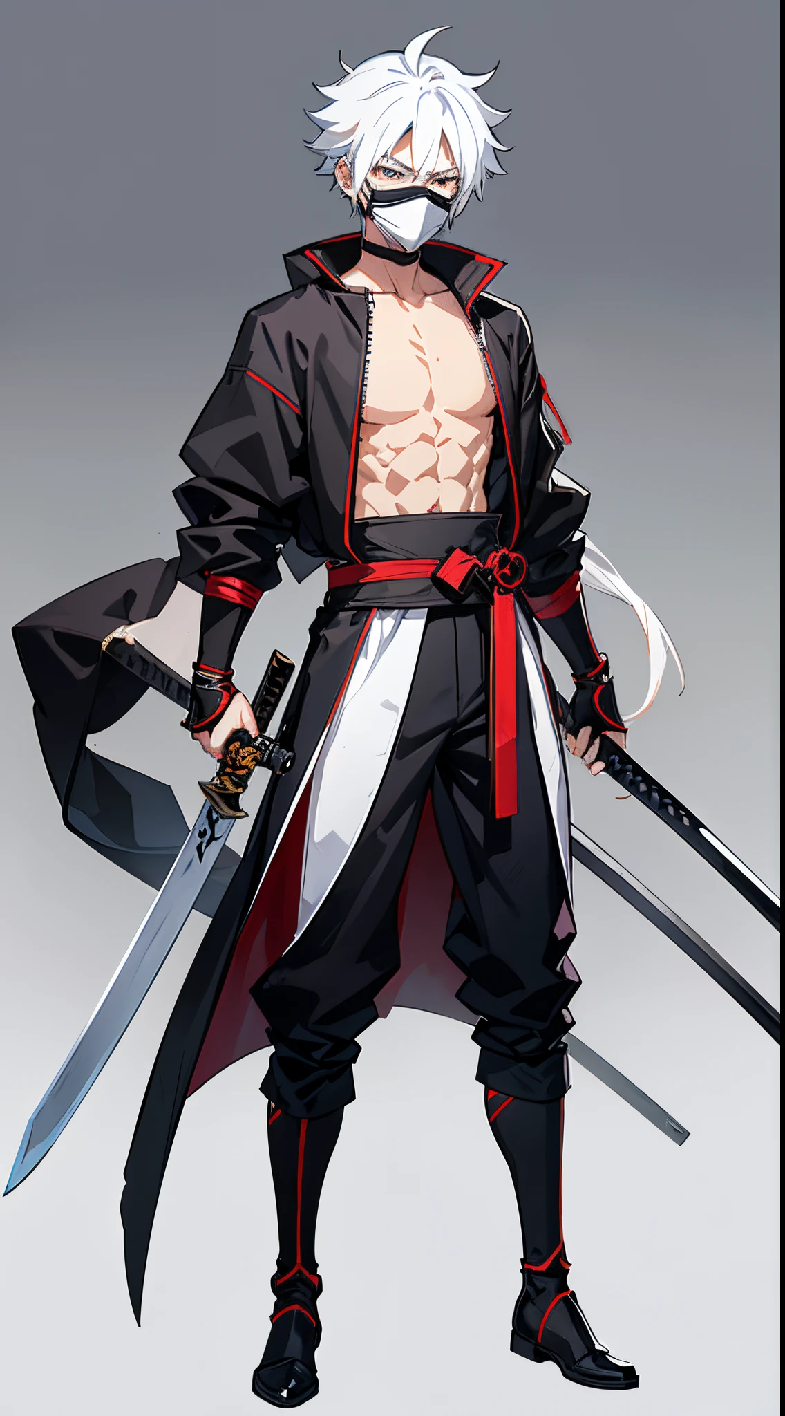 , Ninja Boy, katanas, Design Mask, exposure mask, Handsome, White hair, The power to wield many swords, in woods, Slash with a sword, Anime characters, evil soul, Hero Academia, Full body