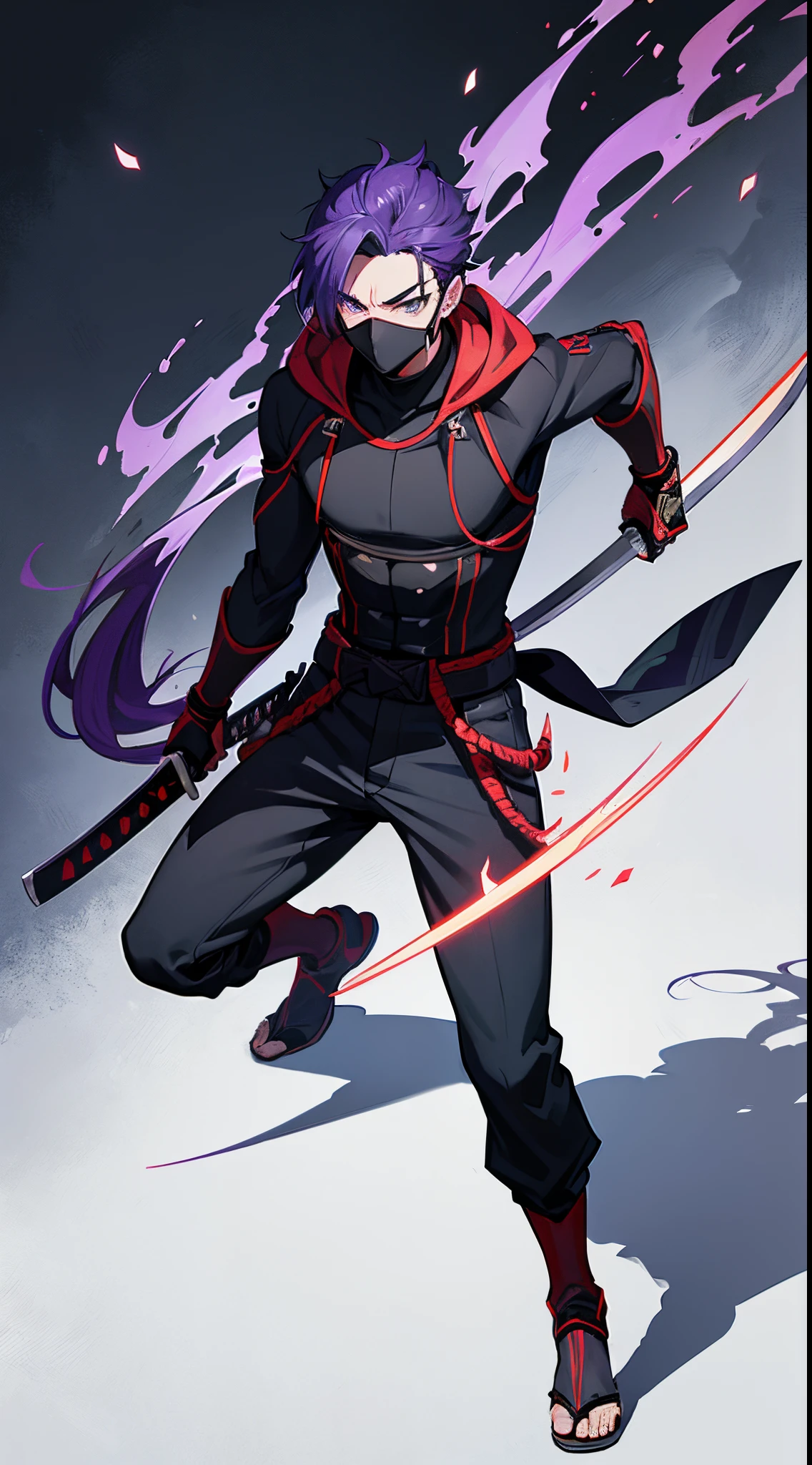 , Ninja Boy, katanas, Design Mask, exposure mask, Handsome, Purple hair, The power to wield many swords, in woods, Slash with a sword, Anime characters, evil soul, Hero Academia, Full body