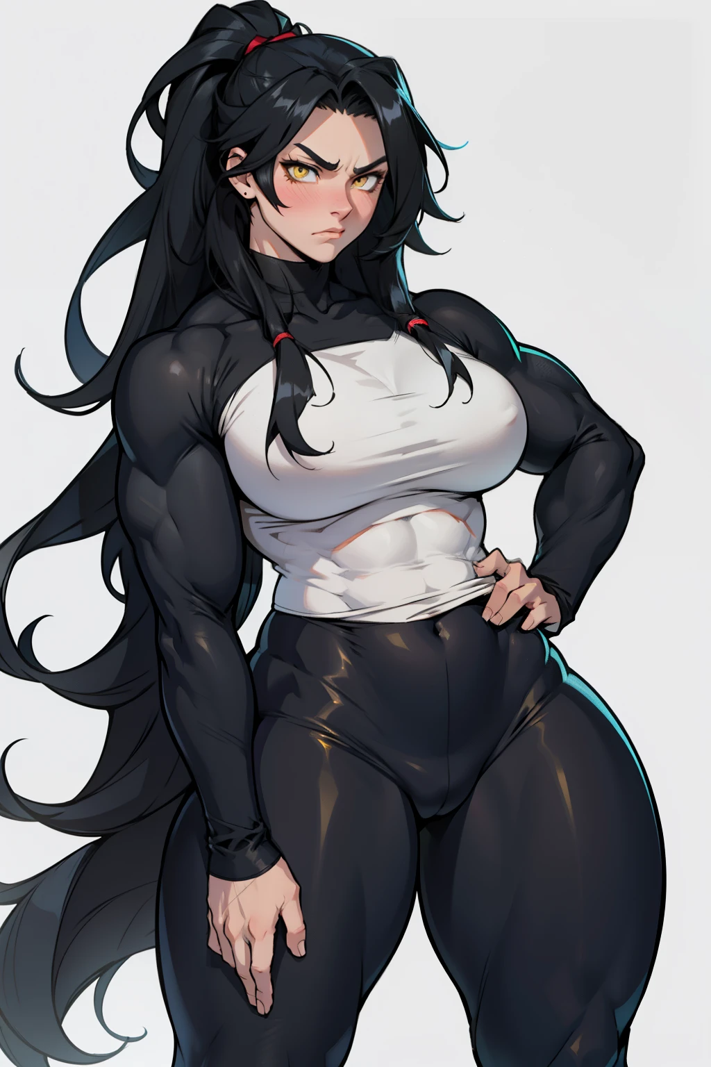 1girl solo black hair yellow eyes very long hair pale skin muscular muscular muscular muscular toned body huge muscles thick thighs wide hips curvy girl tight clothes angry blushing messy hair leggings tight shirt long sleeves