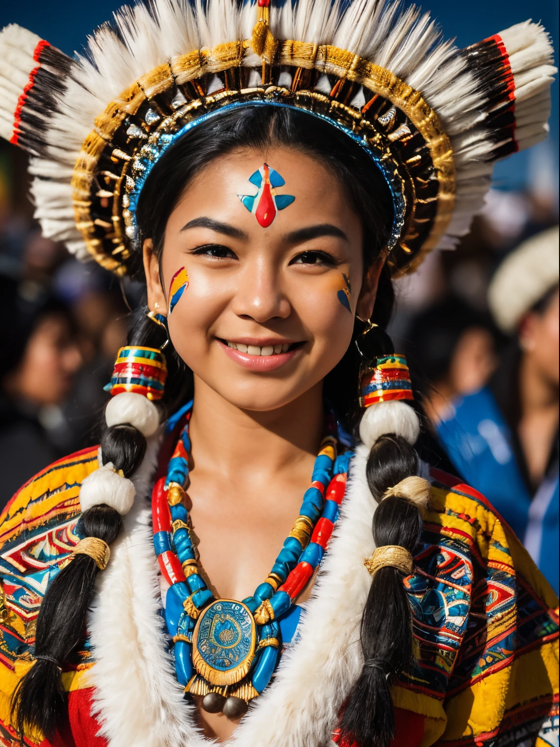 (8k, highest quality, ultra detailed:1.37), (Nuka), 18yo, (a passionate advocate for Inuit culture), participates in a vibrant cultural celebration, adorned in traditional clothing and intricate face paint. The high-resolution image captures ultra-detailed realism, showcasing Nuka's expressive movements and radiant energy. The colorful decorations and lively music create a visually stunning scene, highlighting Nuka's dedication to preserving and sharing the rich traditions of the Inuit people.