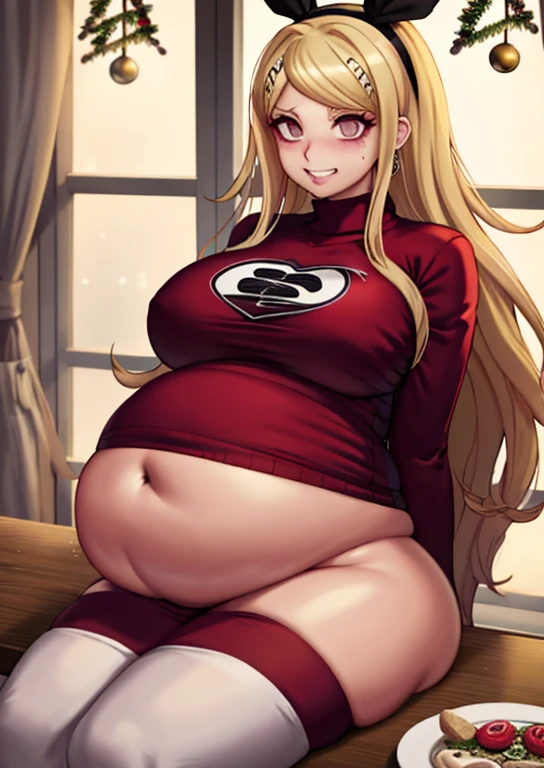 fat, big belly, overweight, pregnant, belly heavy, Kaeda Akamatsu, fat, Kaeda Danganronpa, blonde hair, sitting, Christmas, wearing sweater, table with food, fat