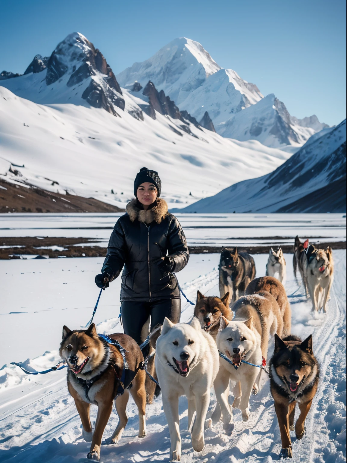 (8k, highest quality, ultra detailed:1.37), (Nuka), 18yo, (an adventurous Inuit musher), stands on a sled, guiding a team of powerful sled dogs through a snowy landscape. Dressed in warm fur-lined clothing, Nuka's excitement and determination are palpable. The high-resolution image captures ultra-detailed realism, showcasing Nuka's connection with the dogs and the untamed beauty of the Arctic wilderness. The snow-covered mountains and icy lake add to the sense of adventure and freedom.