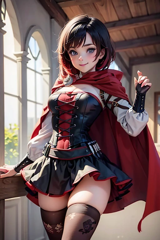 (masterpiece, best quality:1.2), solo, 1girl, mistralrose, smile, looking at viewer, dress, corset, red cape, thighhighs walking through funfair