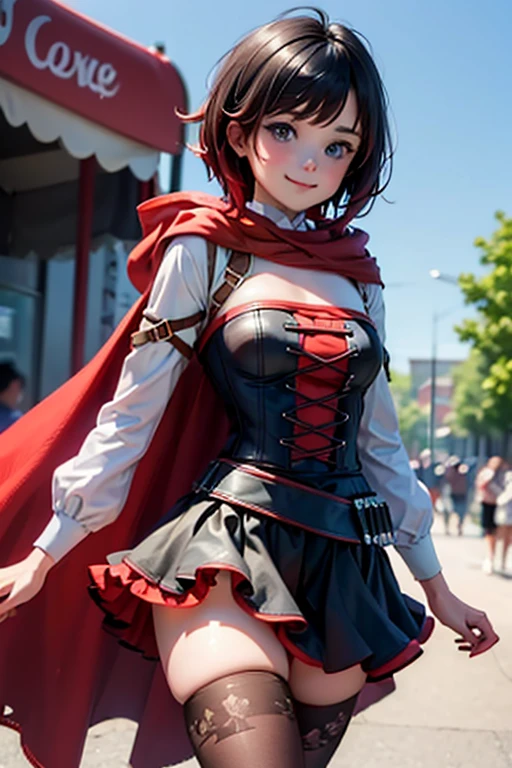 (masterpiece, best quality:1.2), solo, 1girl, mistralrose, smile, looking at viewer, dress, corset, red cape, thighhighs walking through funfair