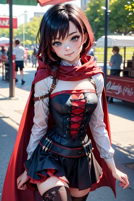 (masterpiece, best quality:1.2), solo, 1girl, mistralrose, smile, looking at viewer, dress, corset, red cape, thighhighs walking through funfair