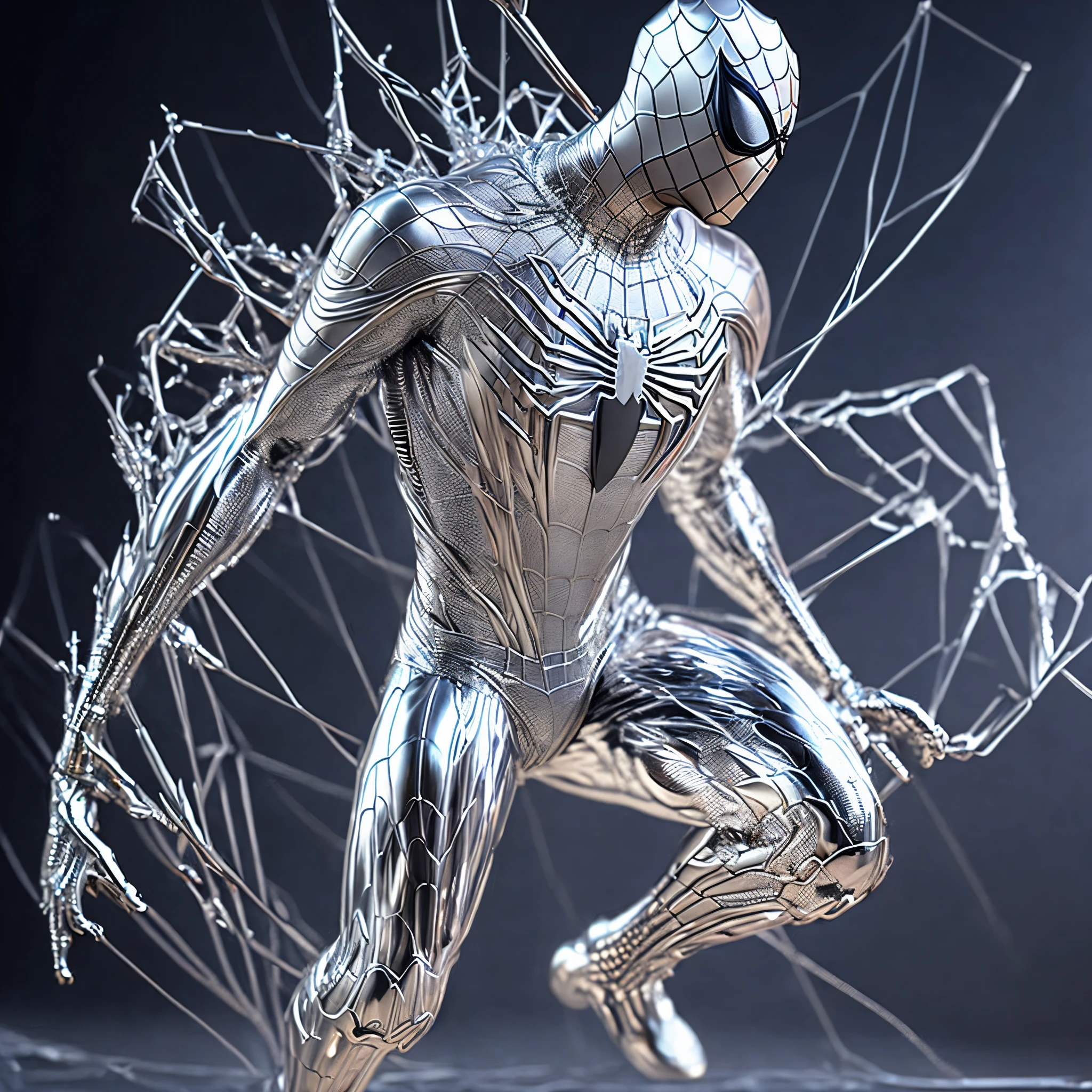 Full body (1 silver Spiderman suit made of chrome metal from Marvel in chrome metal style: 1.3) emerging from the metal webs, well detailed, sparks, flying debris, volumetric light