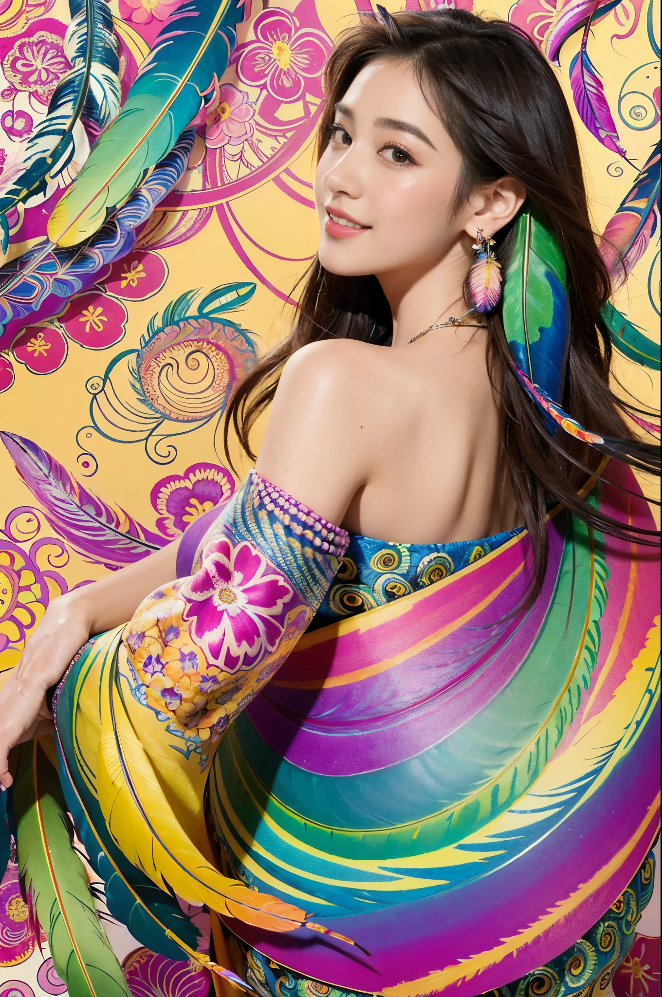 (masterpiece, top quality, best quality, official art, beautiful and aesthetic:1.2), (1girl:1.3), smiling, extremely detailed,(fractal art:1.1),(colorful:1.1)(flowers:1.3),highest detailed,(zentangle:1.2), (abstract background:1.3), (shiny skin), (many colors:1.4), ,(earrings), (feathers:1.5),