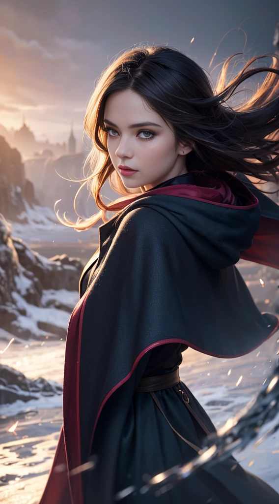 photorealistic, from waist up view, (Masterpiece:1.5), concept-art, intricately details, highly detailed, rendering by octane, 8K, unreal-engine, dynamic poses, A high resolution, (Hyper-realistic:1.1), Beautiful face, Fierce beautiful eyes, long flowing hair, (((perfect hand))), (very highly detailed background), ((Dynamic background) ), ((whirlwinds)), (light rays), ((1girll)), is wearing cassock, (((Flowing cloak))), ((High quality face)), (Extremely complex robes, Magic robes), Cast lightning, electricity, Spin ice and snow, Radiant force, Water magic, ((Dramatic)), Epic, battlefield, depth of fields, Background bokeh, 4K, gothic, ashes, Particle, Wide range view,