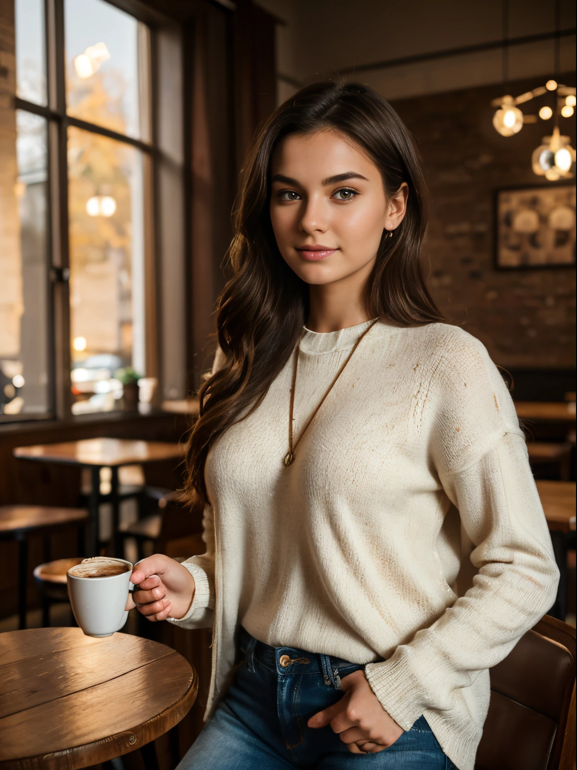 (8k, highest quality, ultra detailed:1.37), (Lena), 18yo, (a beautiful German college girl), enjoys a cozy coffee shop atmosphere. She is dressed in a trendy Sweater and Jeans combo, showcasing her chic style. The high-resolution image captures ultra-detailed realism, highlighting Lena's captivating eyes, long eyelashes, and smooth complexion. The warm lighting and aromatic coffee create a welcoming ambiance, making this image visually appealing and inviting.