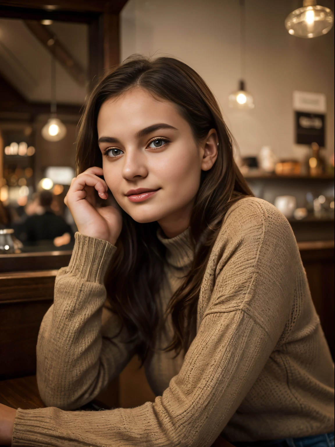 (8k, highest quality, ultra detailed:1.37), (Lena), 18yo, (a beautiful German college girl), enjoys a cozy coffee shop atmosphere. She is dressed in a trendy Sweater and Jeans combo, showcasing her chic style. The high-resolution image captures ultra-detailed realism, highlighting Lena's captivating eyes, long eyelashes, and smooth complexion. The warm lighting and aromatic coffee create a welcoming ambiance, making this image visually appealing and inviting.