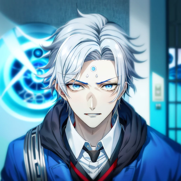 (Best Quality), a close up of a person with a blue jacket and a white shirt, tall anime guy with blue eyes, hajime yatate, anime handsome man, male anime character, he has dark grey hairs, a silver haired mad, nagito komaeda, masamune shiro, koyoharu gotouge, handsome guy in demon slayer art