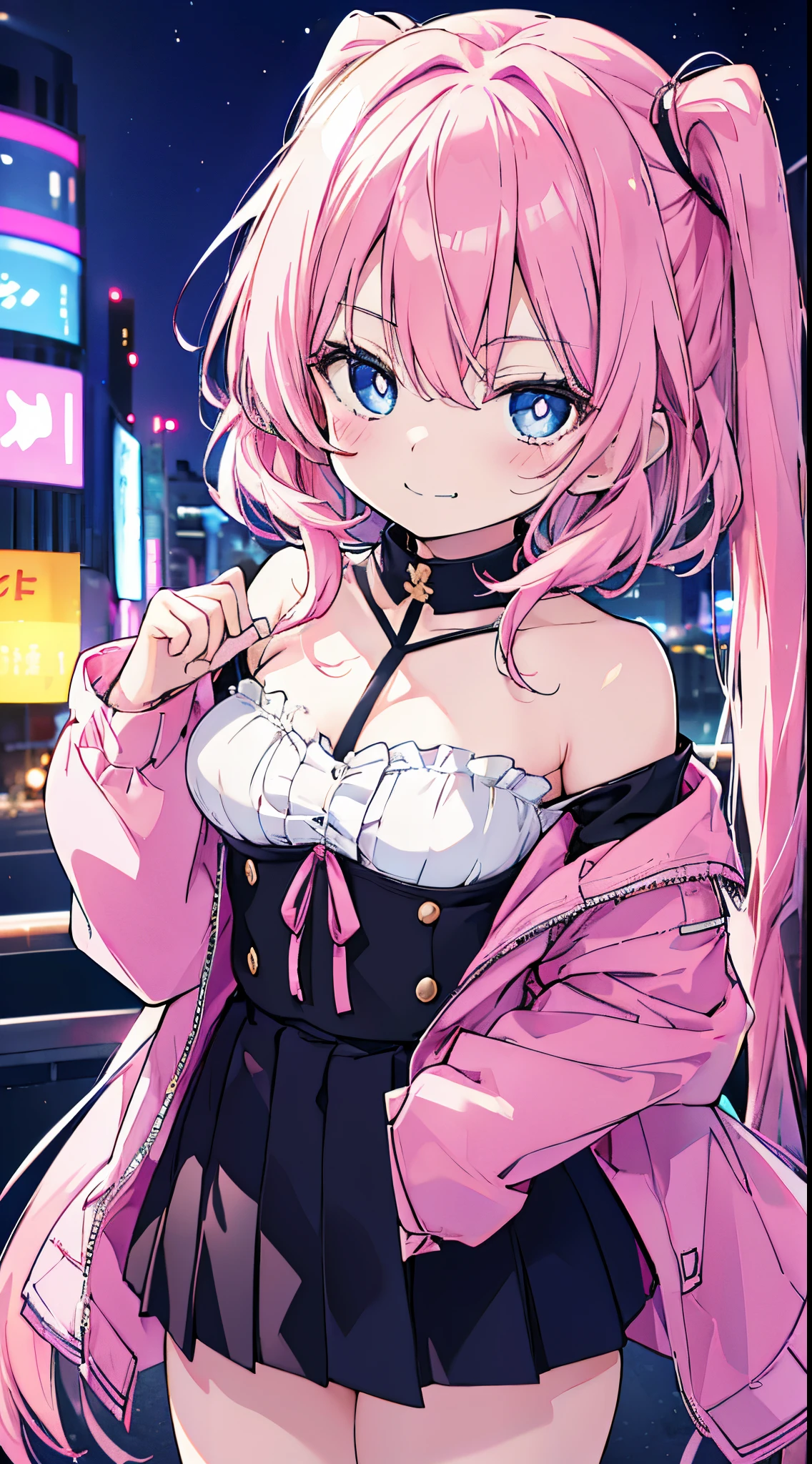 (8K、Top image quality、top-quality、​masterpiece)、1 li、Pink hair、Twin-tailed、light blue  eyes、smirk grin、Moderately breasts、Pink off-shoulder、Strapless、long-sleeve、Black Mini Pleated Skirt、cowboy  shot、night city background