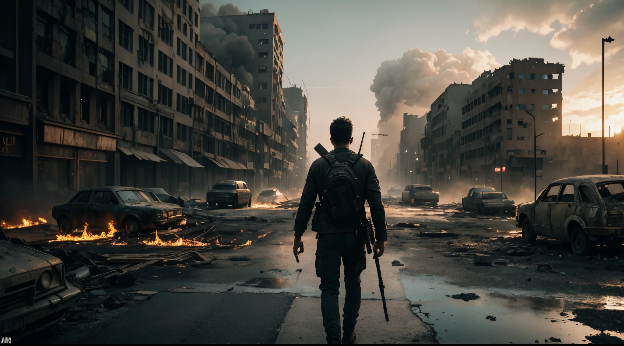 Ultra Realistic Movie Still of One Male Survivor Walking through the City Ruins after War, Monochromatic Image, One Person, Detailed Dystopian-style City with Burning Building Ruins and Abandoned Vehicles, Wide Scene Shot, Worm's Eye View Shot, Horror Movie Still, Insane Details, Intricate Scene Details, Cinematic Shot and Lighting, Bokeh Effect, Vibrant and Realistic Colors, Masterpiece, Sharp Focus, Ultra Detailed, Taken with DSLR Camera, Realistic Photography, Depth of Field, Incredibly Realistic Environment and Scene, Master Composition and Cinematography