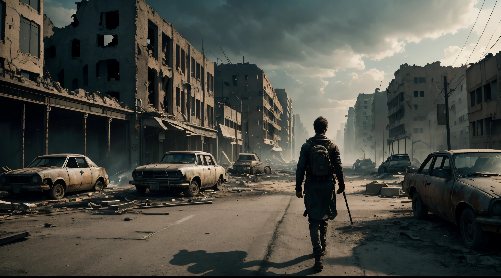 Ultra Realistic Movie Still of One Male Survivor Walking through the City Ruins after War, Monochromatic Image, One Person, Detailed Dystopian-style City with Burning Building Ruins and Abandoned Vehicles, Wide Scene Shot, Worm's Eye View Shot, Horror Movie Still, Insane Details, Intricate Scene Details, Cinematic Shot and Lighting, Bokeh Effect, Vibrant and Realistic Colors, Masterpiece, Sharp Focus, Ultra Detailed, Taken with DSLR Camera, Realistic Photography, Depth of Field, Incredibly Realistic Environment and Scene, Master Composition and Cinematography