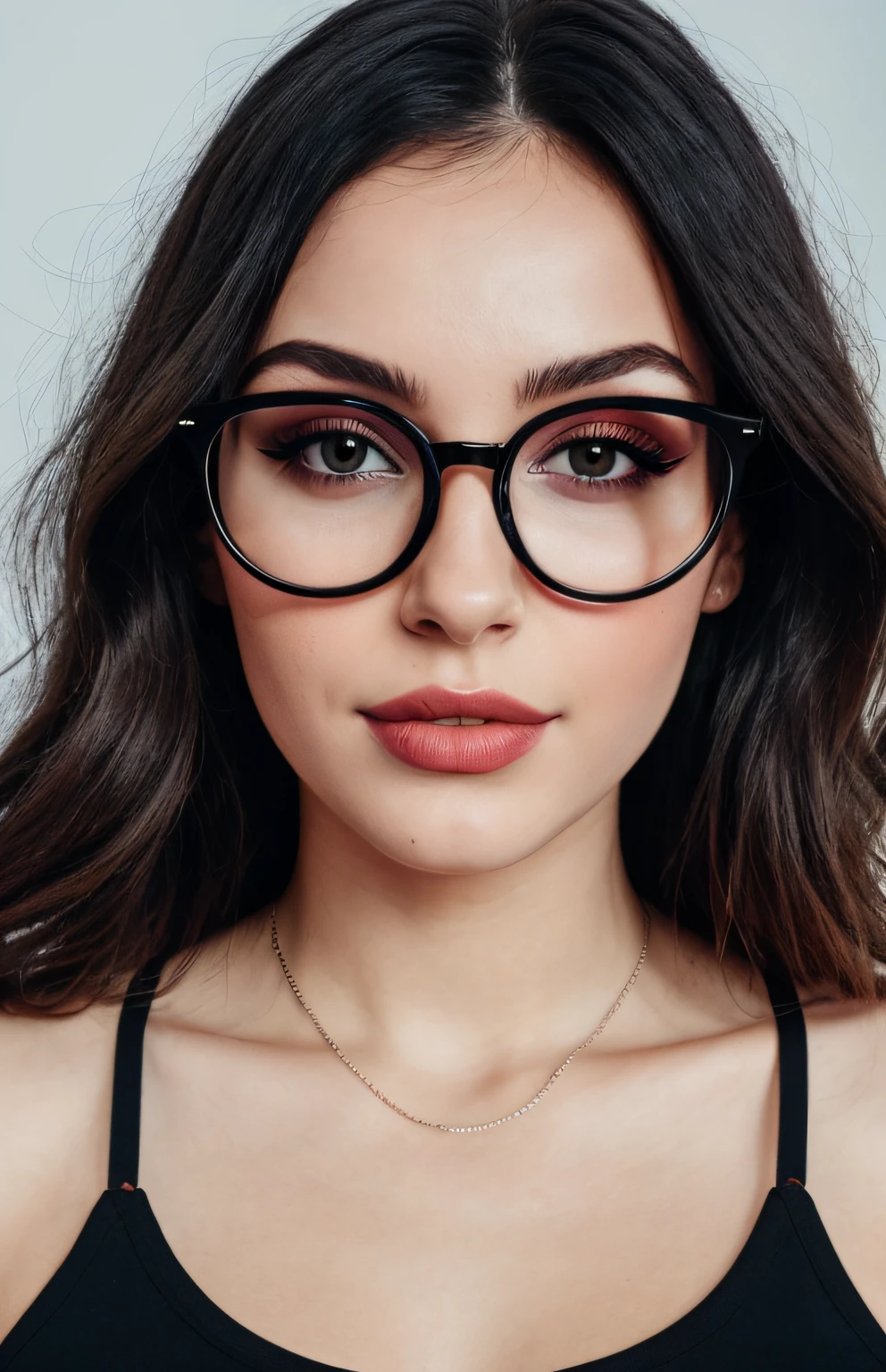 there is a woman with glasses black crop tshirt, big round glasses, girl with glasses, clear lips and high quality, RAW instagram ınfluencer