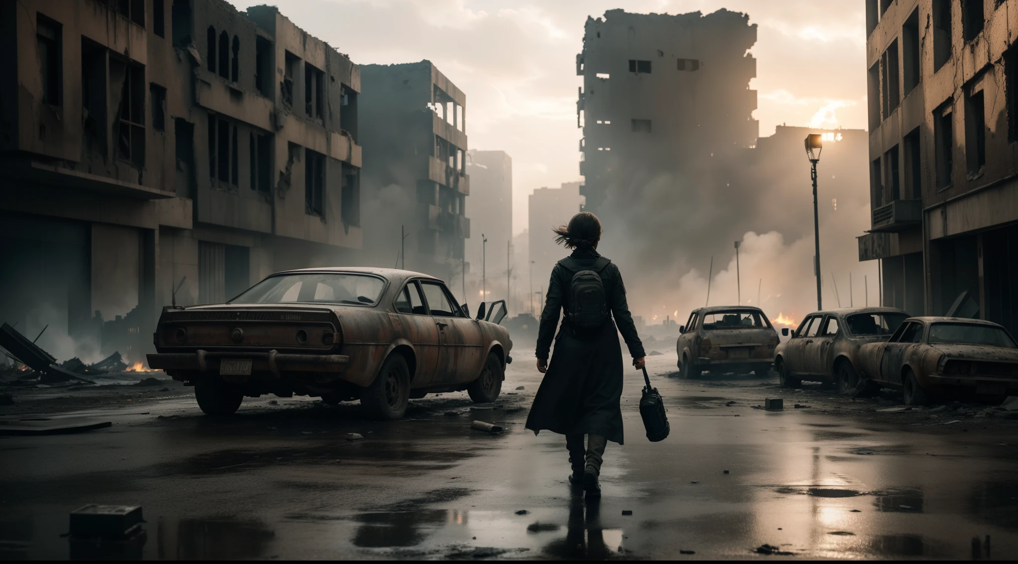 Ultra Realistic Movie Still of One Female Survivor Walking through the City Ruins after War, Monochromatic Image, One Person, Detailed Dystopian-style City with Burning Building Ruins and Abandoned Vehicles, Wide Scene Shot, Worm's Eye View Shot, Horror Movie Still, Insane Details, Intricate Scene Details, Cinematic Shot and Lighting, Bokeh Effect, Vibrant and Realistic Colors, Masterpiece, Sharp Focus, Ultra Detailed, Taken with DSLR Camera, Realistic Photography, Depth of Field, Incredibly Realistic Environment and Scene, Master Composition and Cinematography