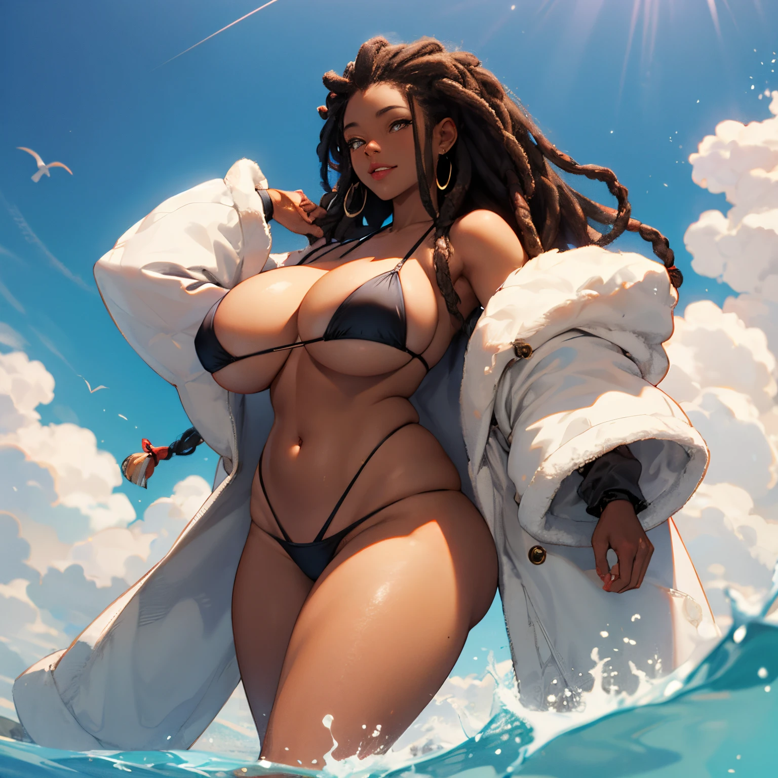 dark-skinned female, bikini., poitrine, gros seins, voluptueux, thick thighs, Oppai, hanches larges, Sinueuse, gros cul, cul massif, dreadlocks