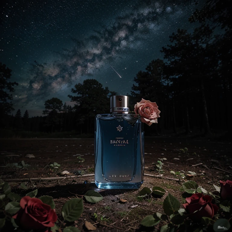 Promotional photo of the perfume, with roses scattered in space, in the forest.