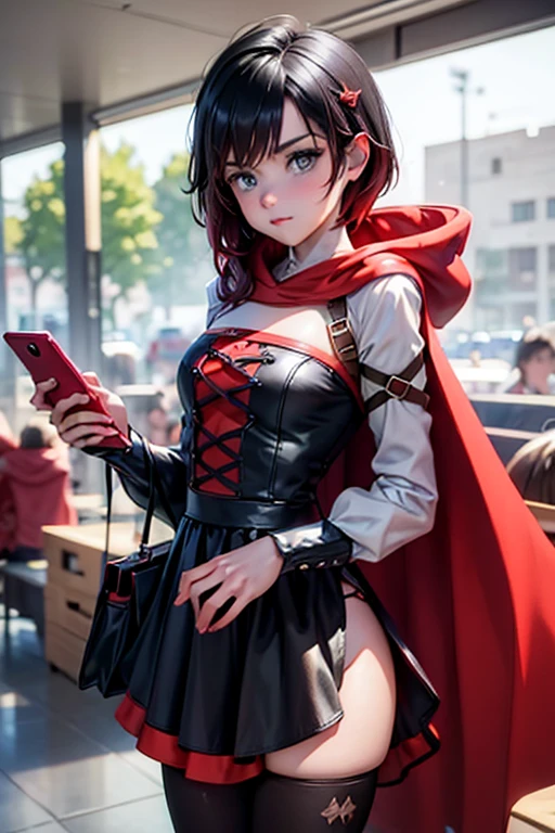 (masterpiece, best quality:1.2), cowboy shot, solo, 1girl, ruby rose, expressionless, looking at viewer, holding phone, headphones, hood up, black dress, long sleeves, red cape, pantyhose, indoors, grocery store