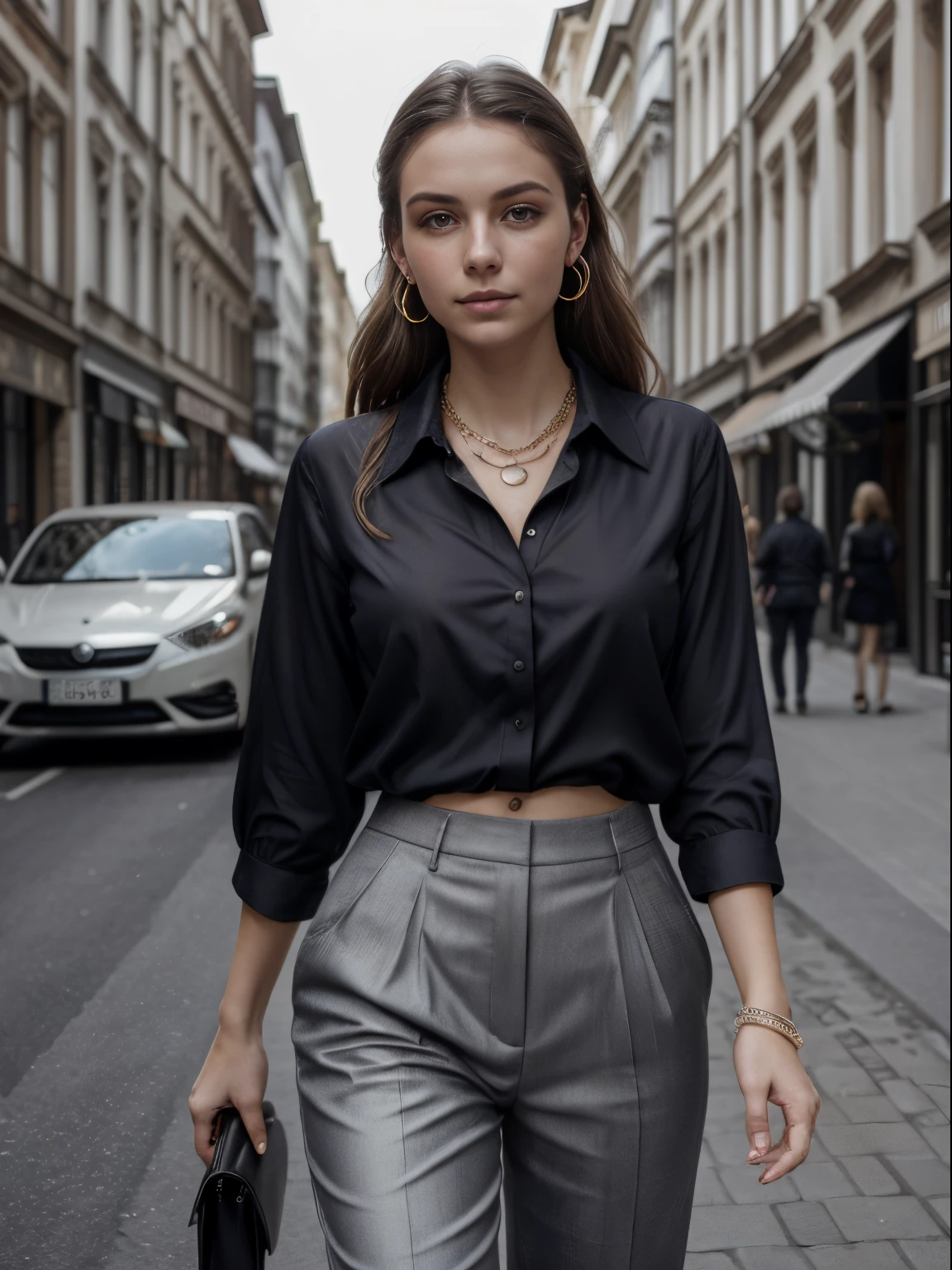 (8k, highest quality, ultra detailed:1.37), (Lena), 18yo, (a beautiful German college girl), walks confidently through fashionable city streets. She is dressed in a trendy Blouse and Trousers combo, showcasing her impeccable sense of style. The high-resolution image captures ultra-detailed realism, highlighting Lena's captivating eyes, long eyelashes, and smooth complexion. The vibrant cityscape serves as a backdrop, emphasizing Lena's urban elegance and fashion-forward personality.